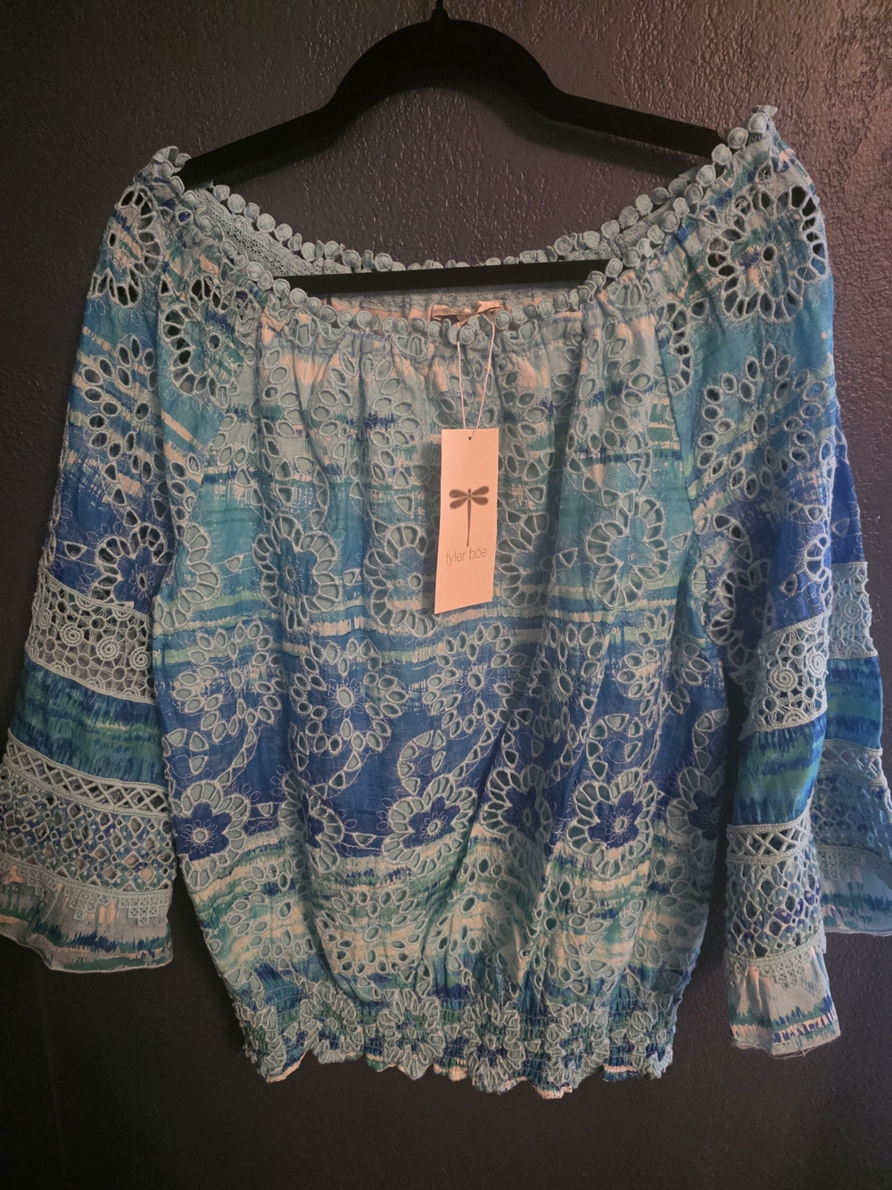 Tyler Boe Blue & Aqua Eyelet Embroidered Off-Shoulder Blouse
